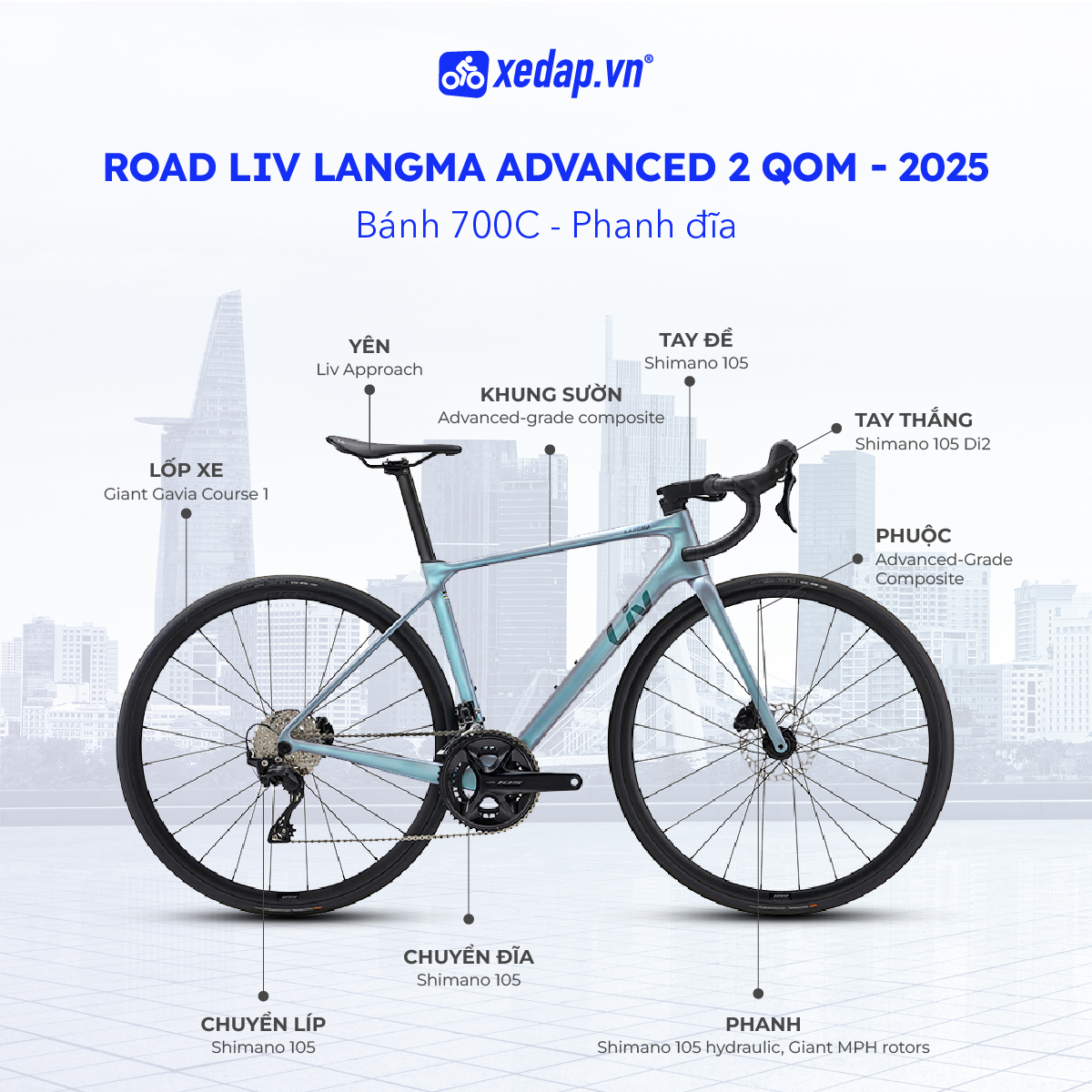  Xe Đạp Đua Đường Trường Road LIV Langma Advanced 2 QOM – Phanh Đĩa, Bánh 700C – 2025