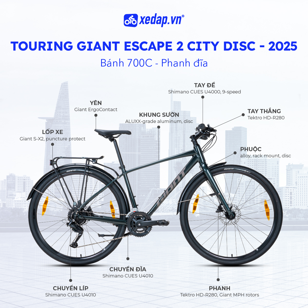 Xe Đạp Đường Phố Touring GIANT Escape 2 City Disc - Phanh Đĩa, Bánh 700C - 2025